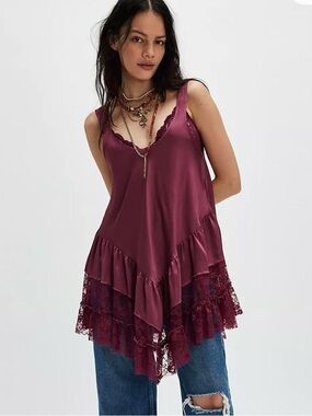 Free People Young and in Love Mini Slip Lace Maroon Burgundy Wine Red Medium